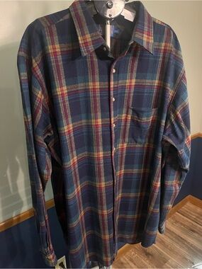 Pendleton Navy Plaid Button-Down Shirt with Red and Yellow Stripes